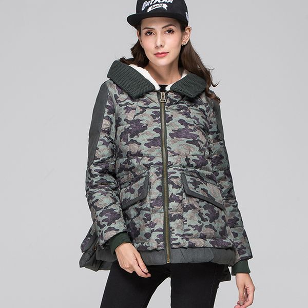 

winter ladies new thick long sleeve hooded down jacket female fashion camouflage print lambswool coat casual loose parka z386, Black