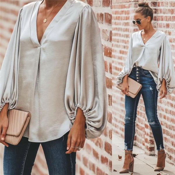 

fashion v neck long sleeve women coat casual solid autumn shirt loose chiffon blouse balloon sleeve women clothing, White