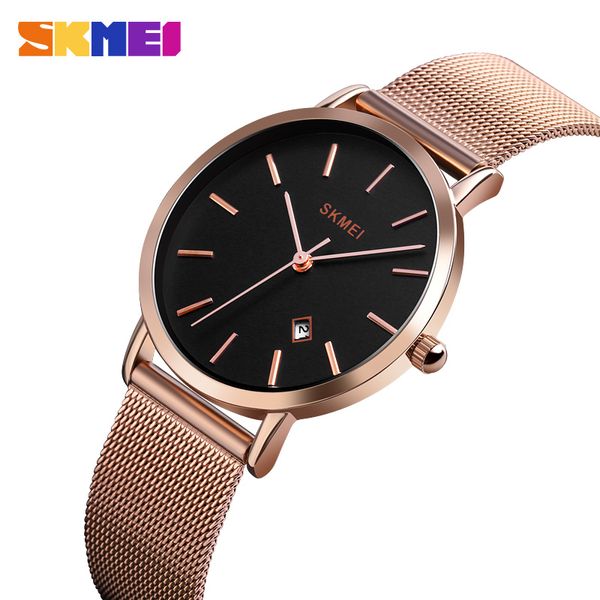 

skmei luxury women casual quartz wrist watch fashion stainless steel watchband date analog watch 3bar waterproof sport clock, Slivery;brown