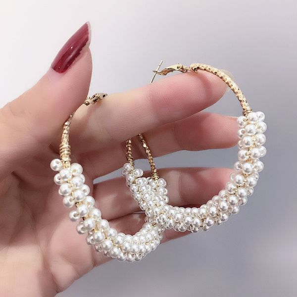 

1 pair fashion 50mm big round loop circle earring new brand imitation pearl gold-color flower cut loop earrings, Golden;silver