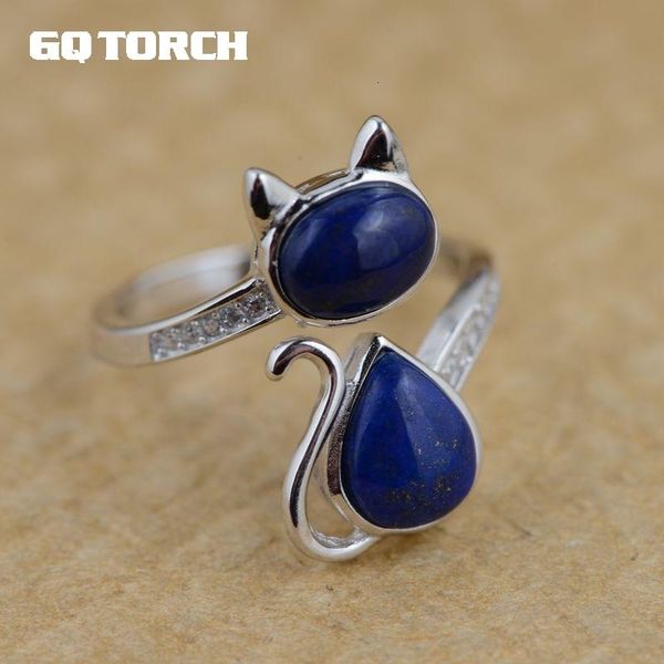 

real 925 sterling silver lapis lazuli natural stone ring lovely cat rings for women exquisite fine jewelry cj191210, Slivery;golden