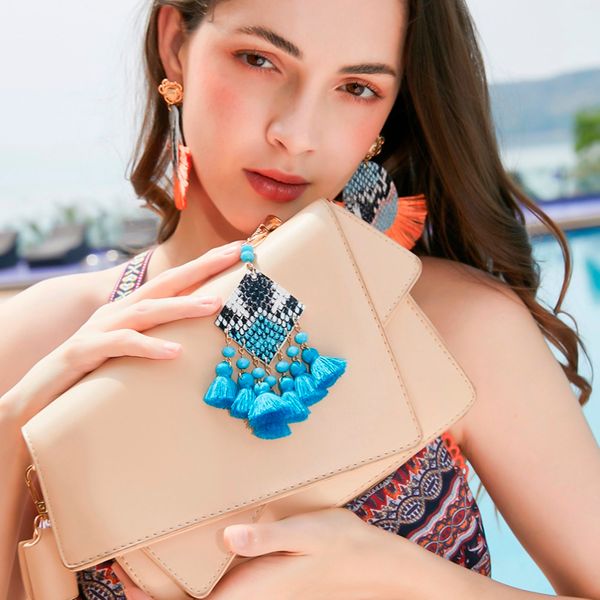 

manilai handmade snake print leather tassel key chain crystal beads statement jewelry bag pendant keychains accessories 2019, Silver