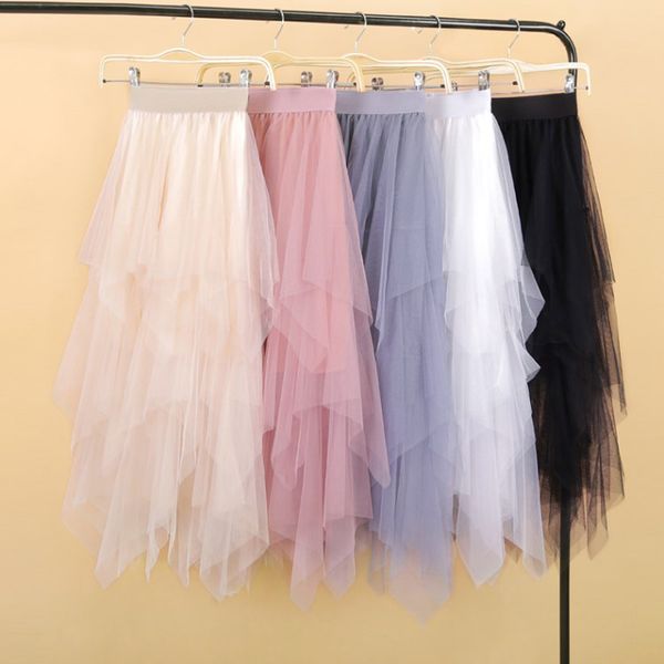 

women irregular tulle skirts fashion elastic high waist mesh tutu skirt pleated long skirts midi skirt saias faldas jupe femmle, Black