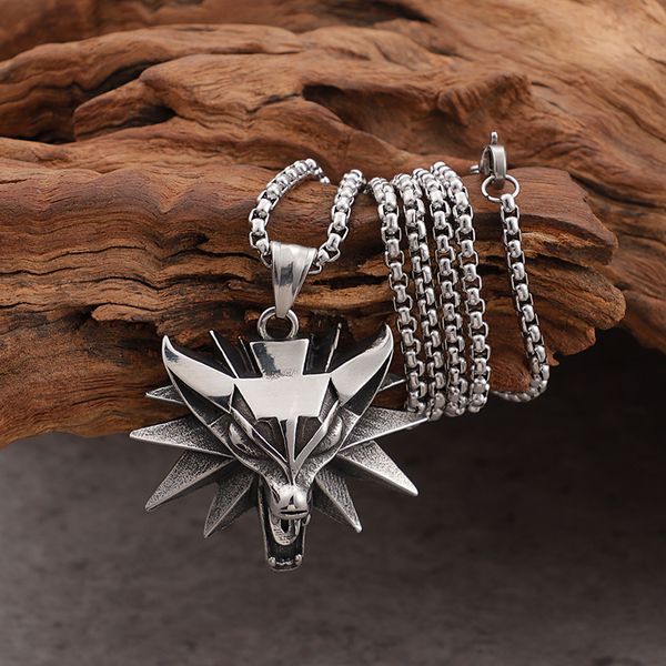 Prata de aço inoxidável Mens Witcher Wolf Charms Pingente Colar Rolo Chain 3mm 24 '' Biker Jóias Xmas presentes