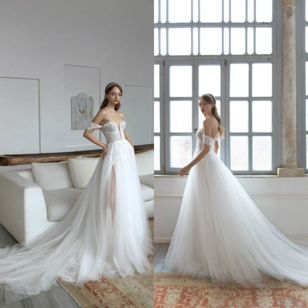 

2020 wedding dresses sweetheart lace off the shoulder bridal wedding dress sweep train beaded a line wedding gowns, White
