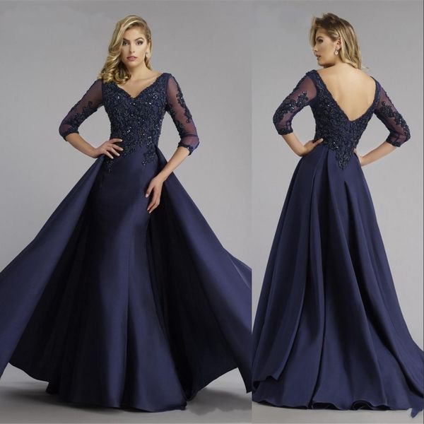 Vintage Mermaid Madre della sposa Abiti con scollo a V Collo in pizzo Appliques Champagne Navy Blue Overskirt Sheer Maniche lunghe Abiti da sera Abbigliamento da sera Abiti da ballo