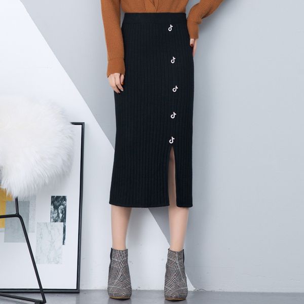 

split-fork skirt female new fashion knitted wool skirt autumn and winter long section high waist temperament package hip, Black