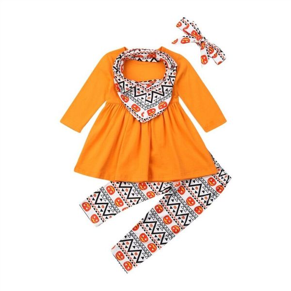 

4шт 1-7y хэллоуин детские baby girl одежда оранжевый хлопок футболки топы платье + брюки леггинсы лук headress дети set, White