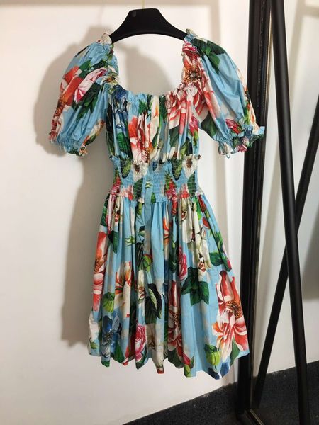 

milan runway dress 2020 roses beads print women dress designer puff sleeves 100% cotton dresses womens 72882, Black