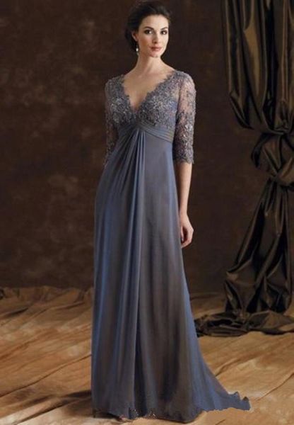 Empire-Taille Spitze Kleider für die Brautmutter Spitze Halbarm V-Ausschnitt Geraffte Abendkleider aus Chiffon Langes Hochzeitsgastkleid Par265O