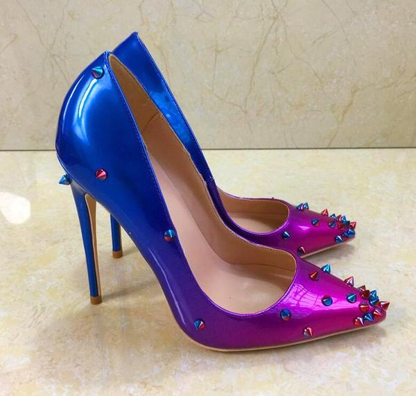 

2019ss new fashion women wedding spikes patent leather poined toes high heeled heels shoes stiletto heel shoes pumps 12cm 10cm, Black