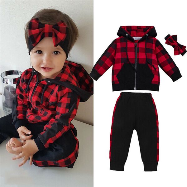 

2020 fashion toddler baby girls clothes set autumn winter plaid zipper coat jacket long pants headband christmas outfit 3pcs, White