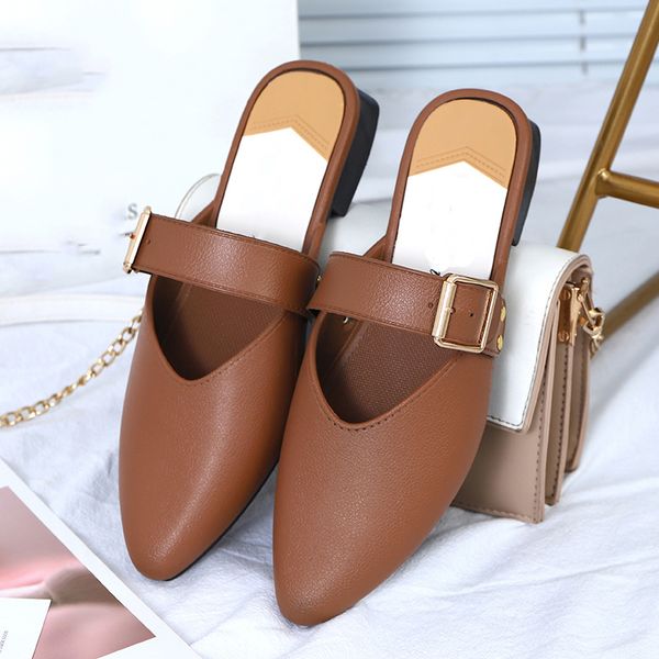 

women buckle pointed toe mule woman slippers 2020 women's pu leather elegant ladies fashion low heels female non-slip slides, Black
