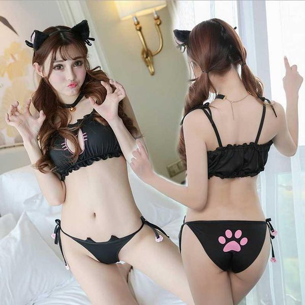 

dannskarl new arrival cosplay neko cat keyhole bra briefs collar set lingerie underwear (bell choker+panties+cat's ear)1, Red;black