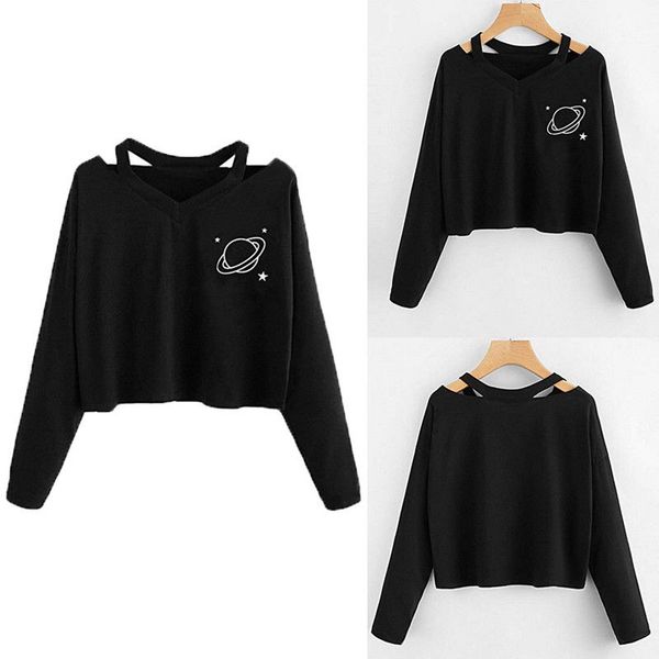 

fashion women long sleeve jumper sweatshirt sweater crop sports pullovers, Black