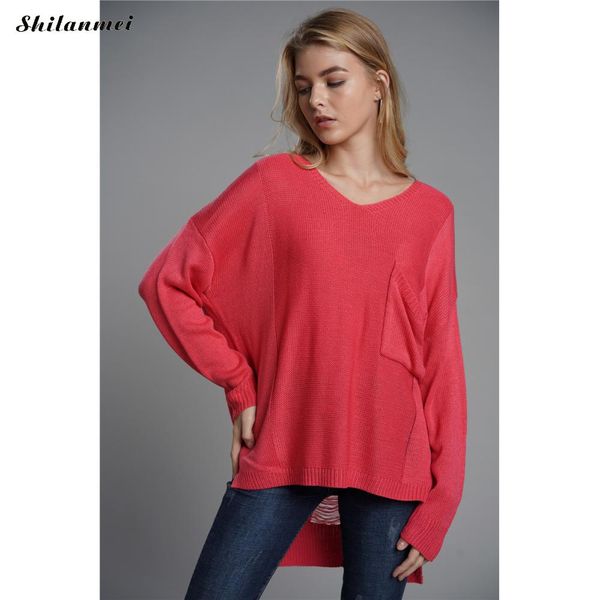 

spring autumn fashion women red sweaters v-neck long batwing sleeve knitted wear elegant pocket pullovers loose sweaters, White;black