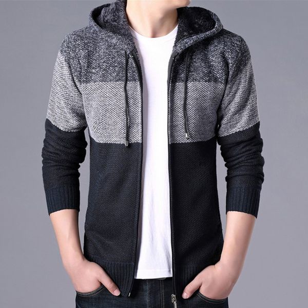

men's casual winter warm zipper hooded coat jacket knitwear male fashion plus size outerwear, Black;brown