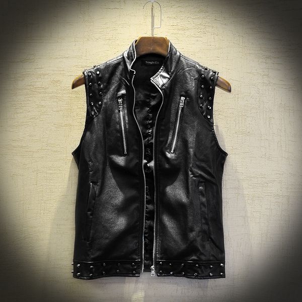 

men's nightclub rivet leather vest punk hip hop sleeveless jacket personality motorcycle biker colete waistcoat singer costumes, Black;white