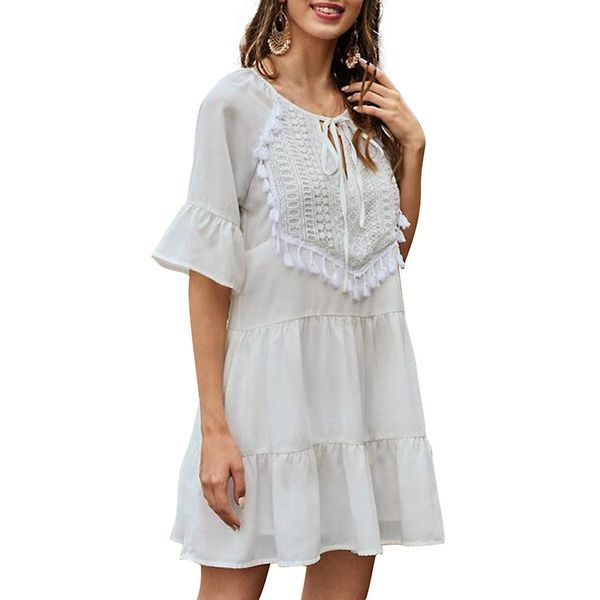 

solid color ruffled fringed neckline lace-up flared sleeve dress, Black;gray