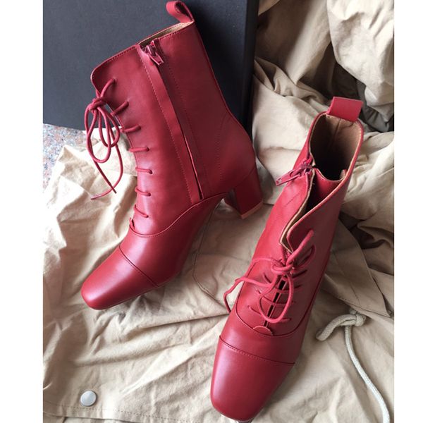 

new style red women ankle boots genuine leather lace-up chunky heel q60, Black