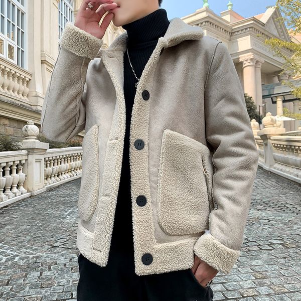 

winter thick lamb fur jacket men's slim warm fashion parka men solid color lapel coat man streetwear short coat male clothes, Black