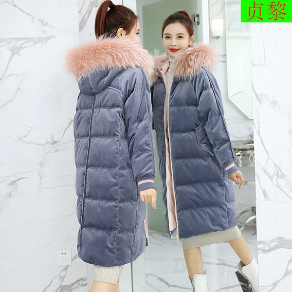 

straight-cut hooded thick corduroy large fur collar down jacket women's dress mid-length 2018 winter new style down feather coat, Black;white