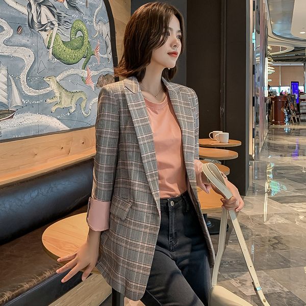 

wholesale-women blazer jacket 2020 spring casual coat notched collar female vintage plaid jackets fashion slim suits outwear, White;black