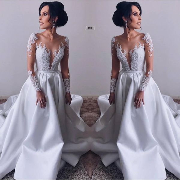 

gorgeous white lace appliwued wedding dresses long sleeve beach bridal gown vestidos de novia custom made a line wedding dress 2019