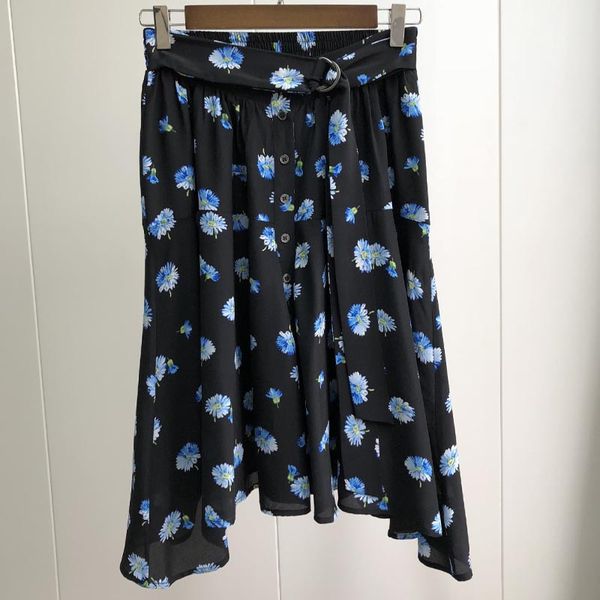 

women skirt black silk skirt with blue daisy asymmetraical mini skirt with belt