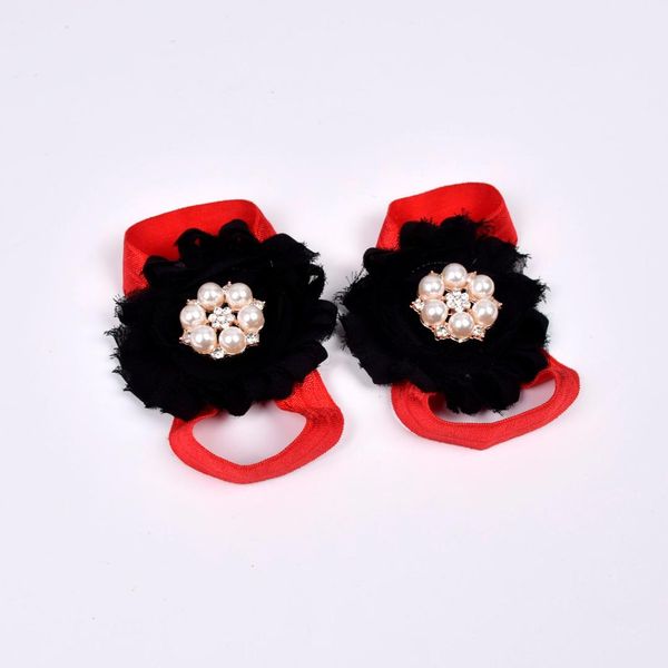 

new baby barefoot sandals with shabby flower newborn sandals baptism shoes baby girl fancy shoe p props 0-12 months, Black;red