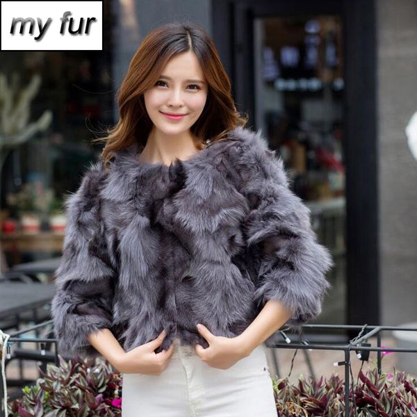 

women real 100% natural fur jacket lady genuine real fur outerwear short style slim fashion coat, Black