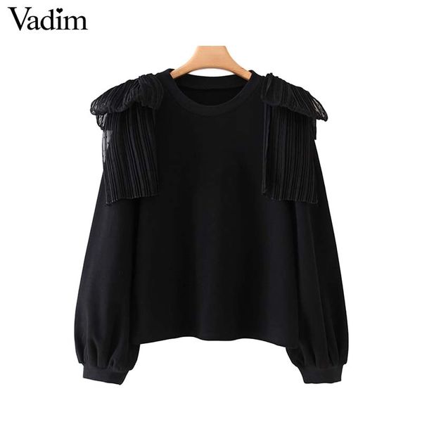 

vadim women black patchwork sweatshirts ruffles long sleeve o neck spliced pullovers female stylish casual ha488
