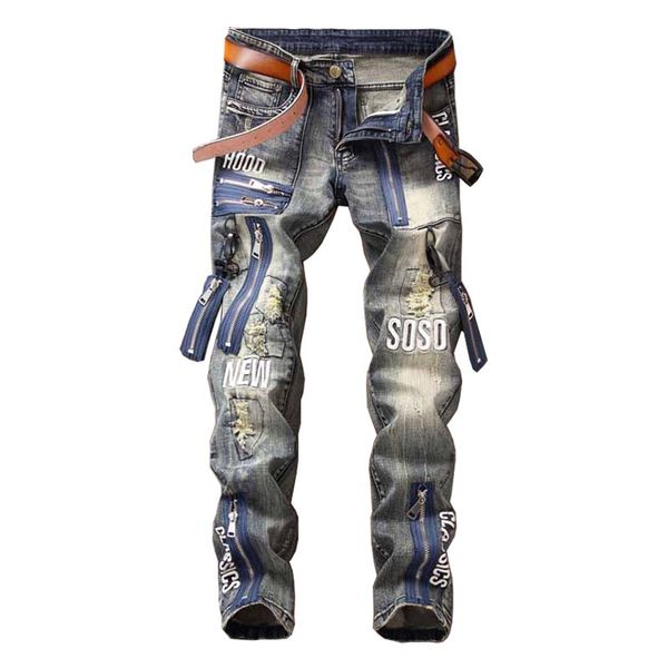 

mcikkny fashion men's hip hop ripped jeans pants multi zipper patchwork denim trousers for male letter embroidered, Blue