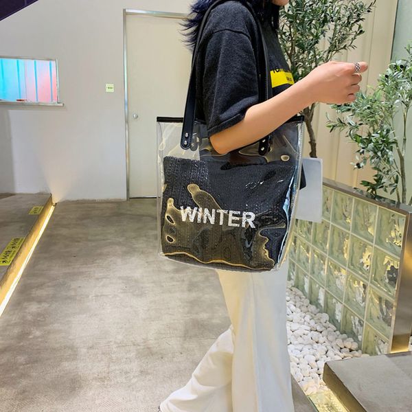 

2019 fashion summer lady women's summer wild transparent bag letter straw large capacity tote bag shoulder messeger