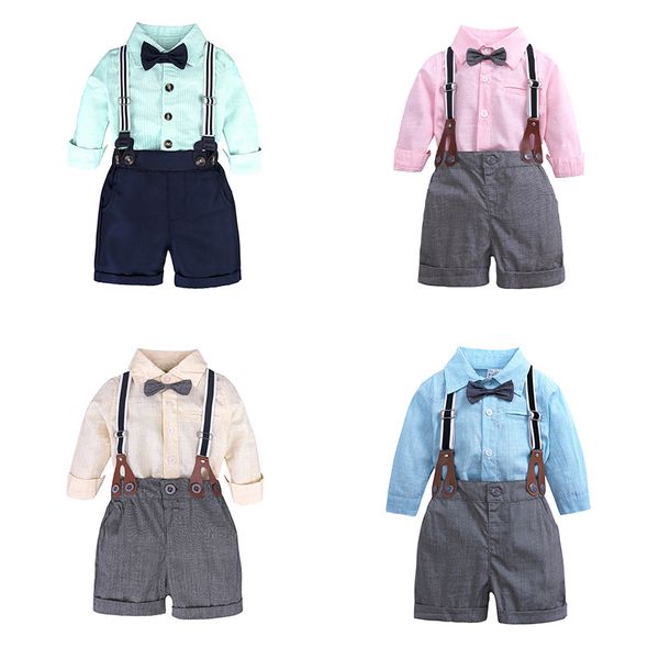 

retail baby boys long sleeve turn-down collar with bowknot 2 piece set kids cotton formal suits children boutique fashion suits clothing, White