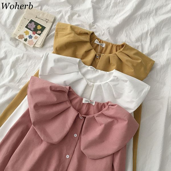 

woherb women long sleeve shirts vintage 2020 spring new korean wild peter pan collar female blouses solid loose casual 92324, White