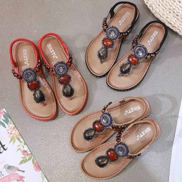 

women summer vintage boho sandals ladies leather flat sandals girls bohimia beach casual outdoor shoes plus size roman shoes, Black