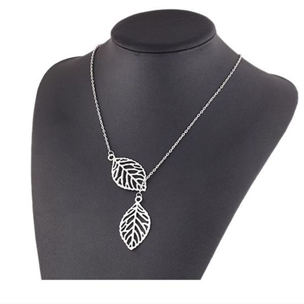 

charm golden & silver double metal leaf pendant necklaces statement necklace fashion chain clavicle jewelry for women