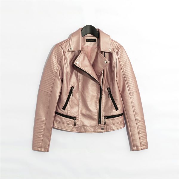 

2019 women faux leather jacket casual short coat long sleeve full lining pink black blue silver 4color sml zipper drop shipping