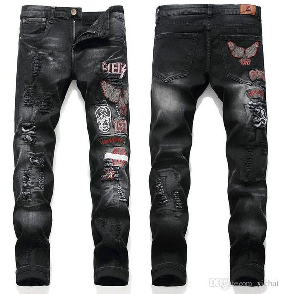 

mens ripped badge skinny black jeans letter embroidery slim fit washed fashion designer hole moto denim pants trousers 071, Blue