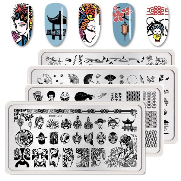 

12*6cm rectangle nail stamping plates chinese peking opera flower animal pattern nail art stamp template image plate stencil, White