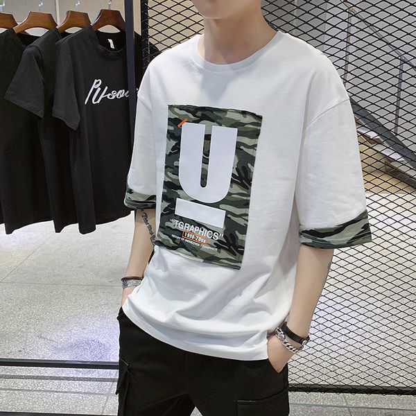 

мужская дизайнерская 5-точечная середина рукава круглый вырез повседневная прилив половина рукава свободная футболка мужчины, White;black