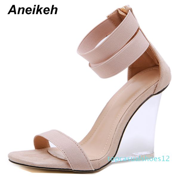 

aneikeh 2020 new fashion sandals women shoes peep toe transparent heel wedges high heels sandal gladiator ankle-wrap flock pumps t12, Black