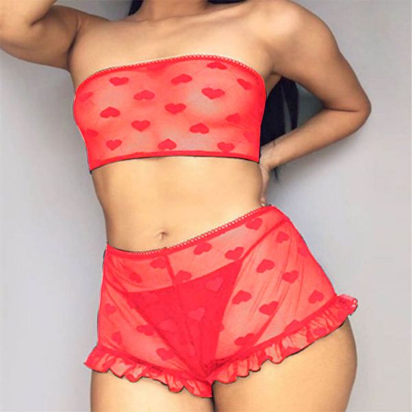 

women sleepwear tube strap nightwear lace trim satin pajama set mid-rise print underwear plus size lenceria mujer honeymoon, Red;black
