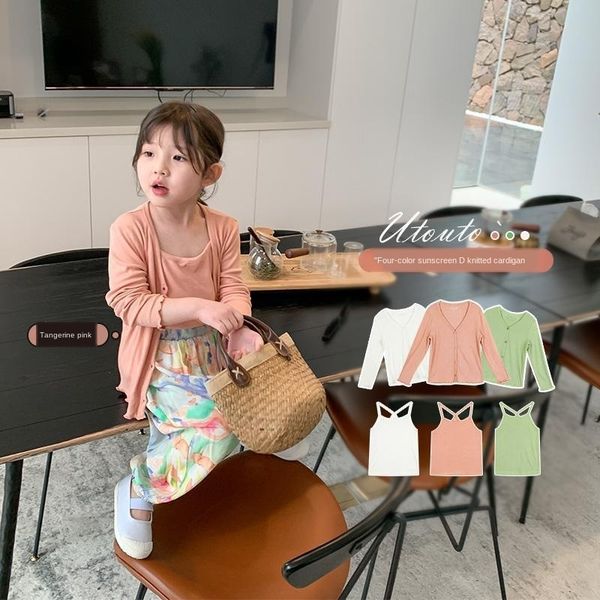 

xympr ice silk clothing girls sunscreen air conditioning knitted cardigan + small sling suit western style sling children's clothing ai, Blue