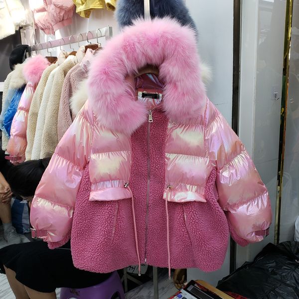 

new down cotton jacket woman winter cotton-padded jacket lamb fur spliced hooded parka women bread coat girls thick casacos, Black
