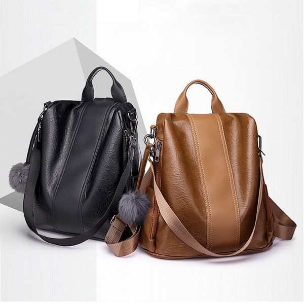 

fashion anti-theft women backpacks hair ball shoulder bags pu leather college school bagrucksack casual travel backpack mochila
