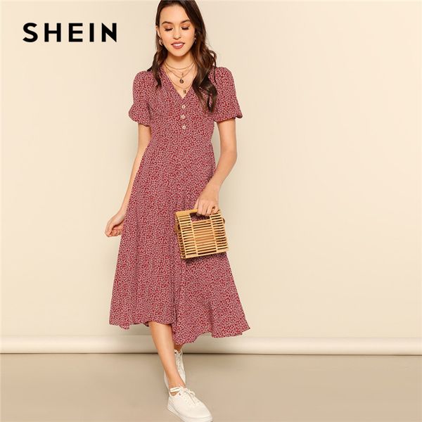 

shein button front allover print v-neck dress women 2019 posh summer burgundy a line short sleeve fit and flare dresses, Black;gray