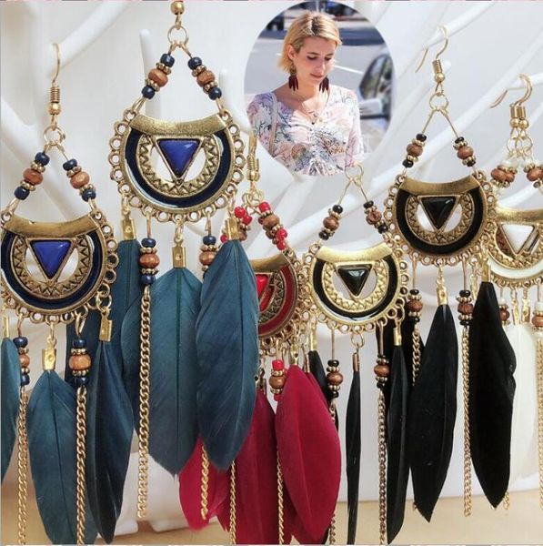 

women vintage ethnic bohemia luxury feather drop earrings dangle long rope fringe long tassel earrings fashion jewelry, Silver