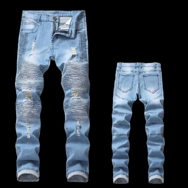 

2020 men skinny street biker jeans straight male motorcycle streetwear hip hop denim pants joggers runway vintage jeans men, Blue